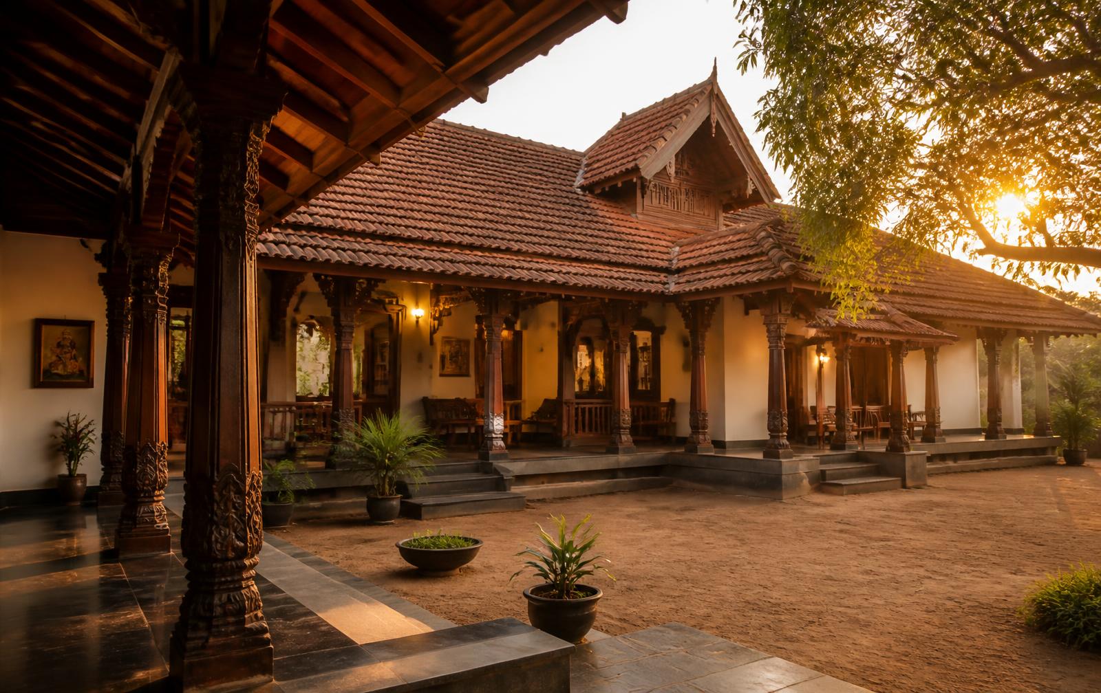 Traditional Kerala vastu home with carved teak pillars